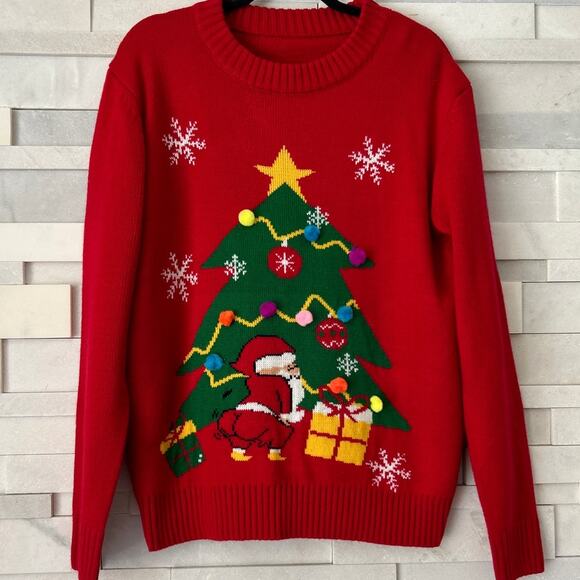 Silly Santa Pom Pom Ornaments Ugly Christmas Crewneck Intarsia Sweater L - Picture 1 of 4